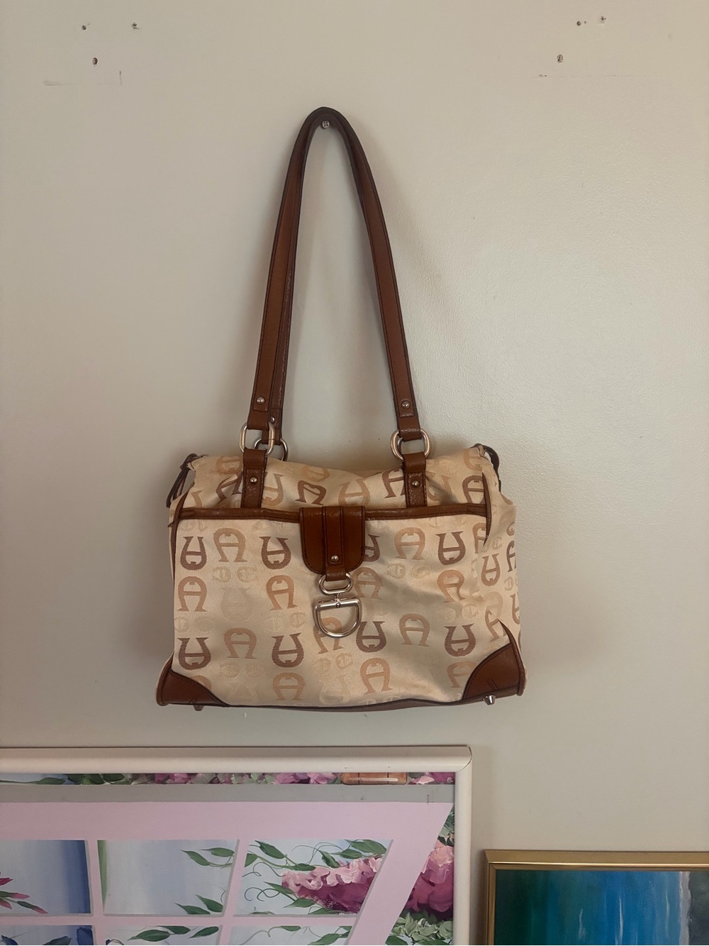 Etienne Aigner Cream and Brown Signature Shoulder Bag